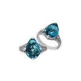 Handcrafted Sterling Silver London Blue Topaz Quartz Teardrop Royal Elegance Heritage Ring With Balinese Detailing.